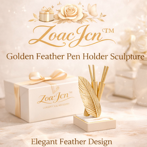 ZoacJcn™ Golden Feather Pen Holder Sculpture – Elegant Desk Organizer Decor for Office, Home, Luxury Gift for Women & Professionals